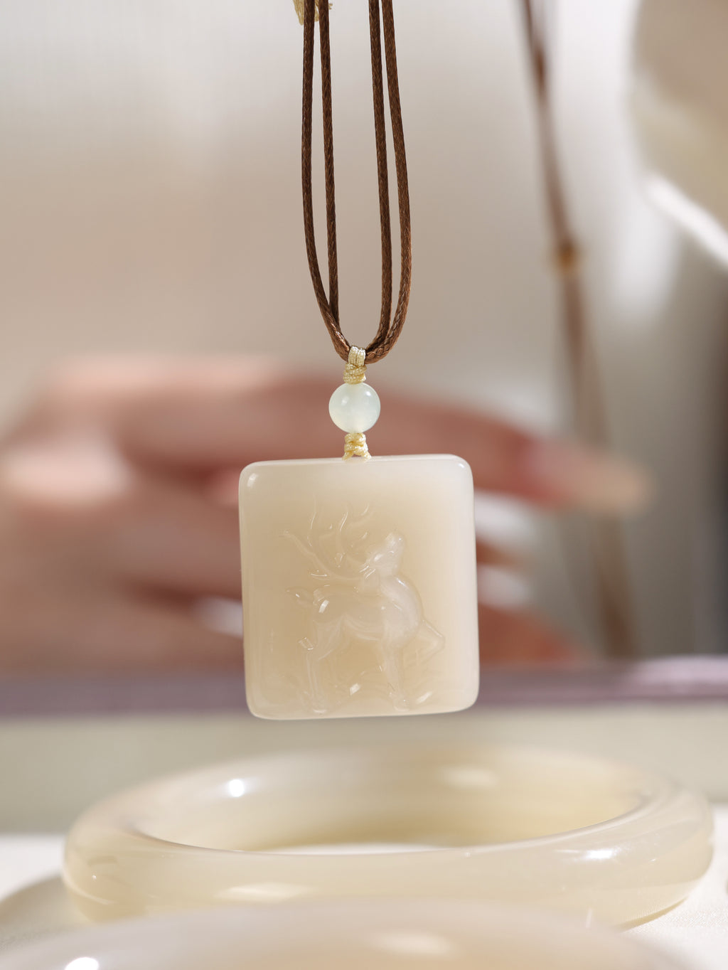 White Jade Carved Square Pendant Necklace
