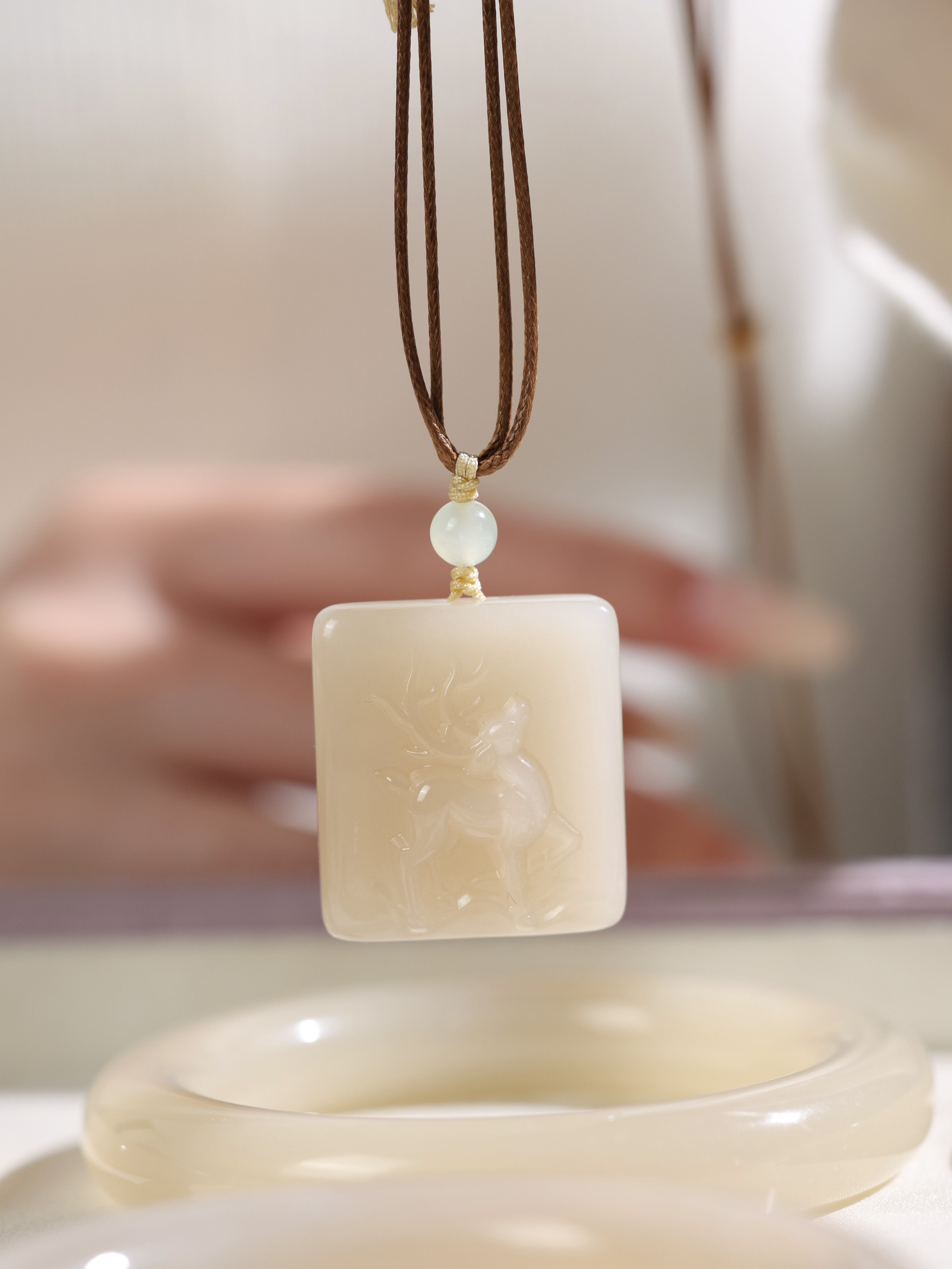White Jade Carved Square Pendant Necklace